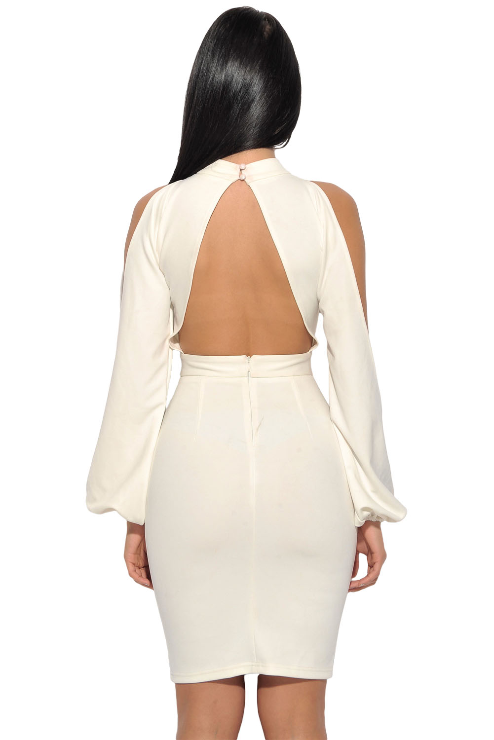 BY28466-1 White Cut Out Sleeve Stretch Crepe Bandage Party Dress